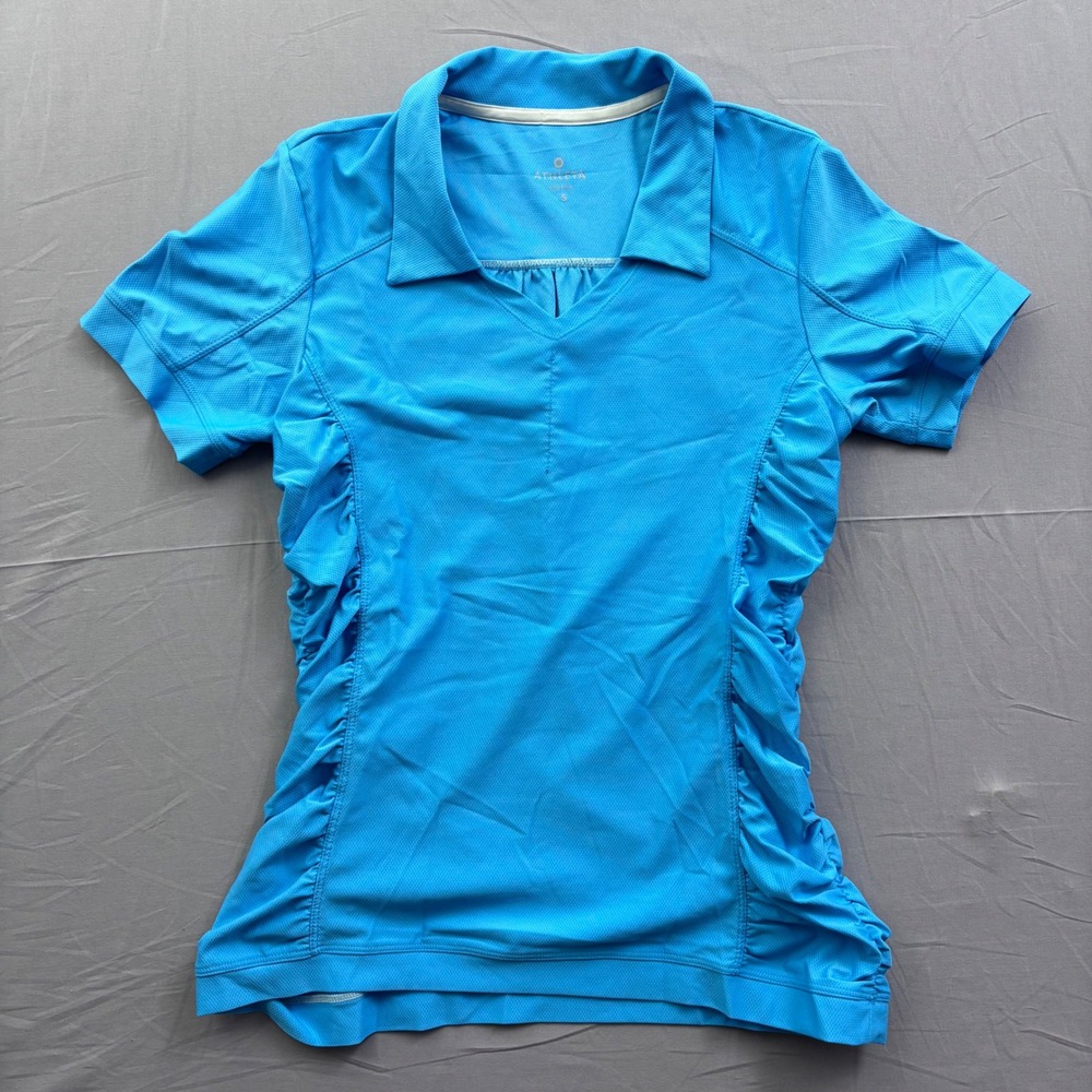 Athleta Womens Blue Ruched Side V-Neck Short Sleeve Polo Shirt Size S Activewear